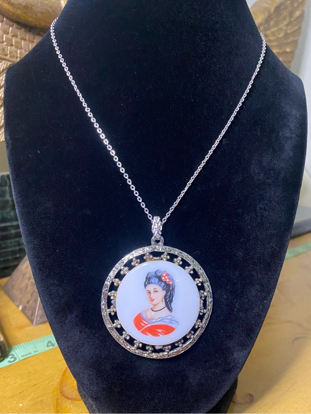 Vintage Porcelain Portrait Pendant Necklace in Silver with Red Accents